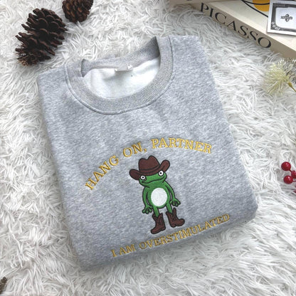 Embroidered Frog Sweatshirt, Cowboy Weirdcore Jumper, Funny Top