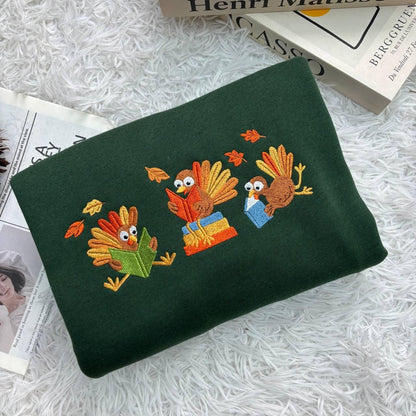 Embroidered Turkey Reading Shirt, Thanksgiving Librarian Fall Teacher Tee