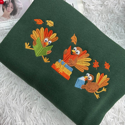 Embroidered Turkey Reading Shirt, Thanksgiving Librarian Fall Teacher Tee