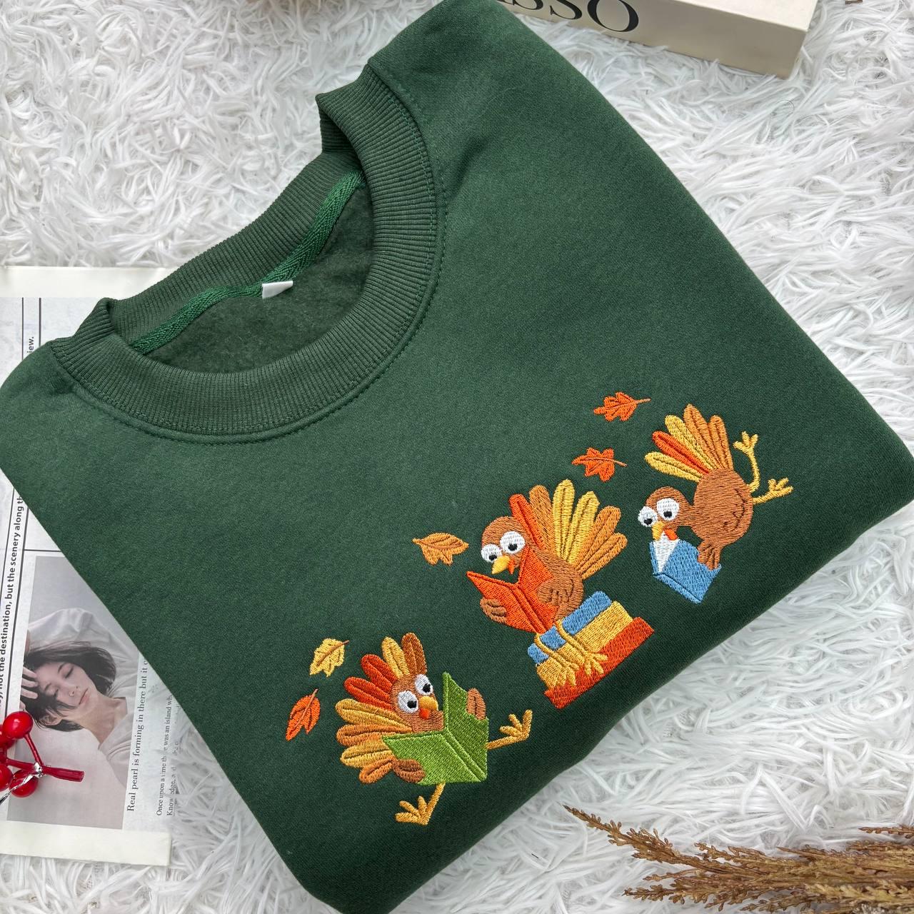 Embroidered Turkey Reading Shirt, Thanksgiving Librarian Fall Teacher Tee
