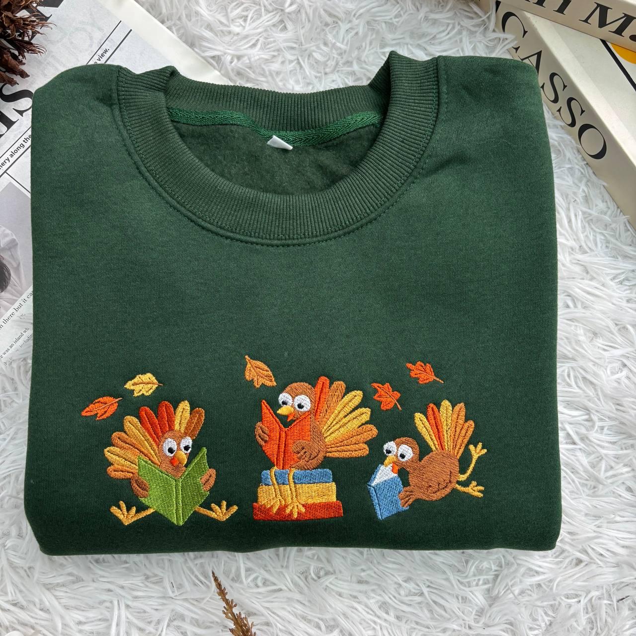 Embroidered Librarian Turkey Thanksgiving Shirt, Fall Books Tee