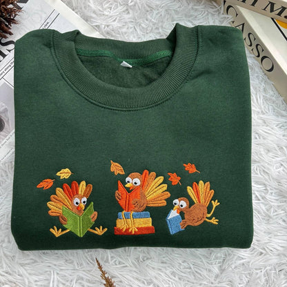 Embroidered Librarian Turkey Thanksgiving Shirt, Fall Books Tee