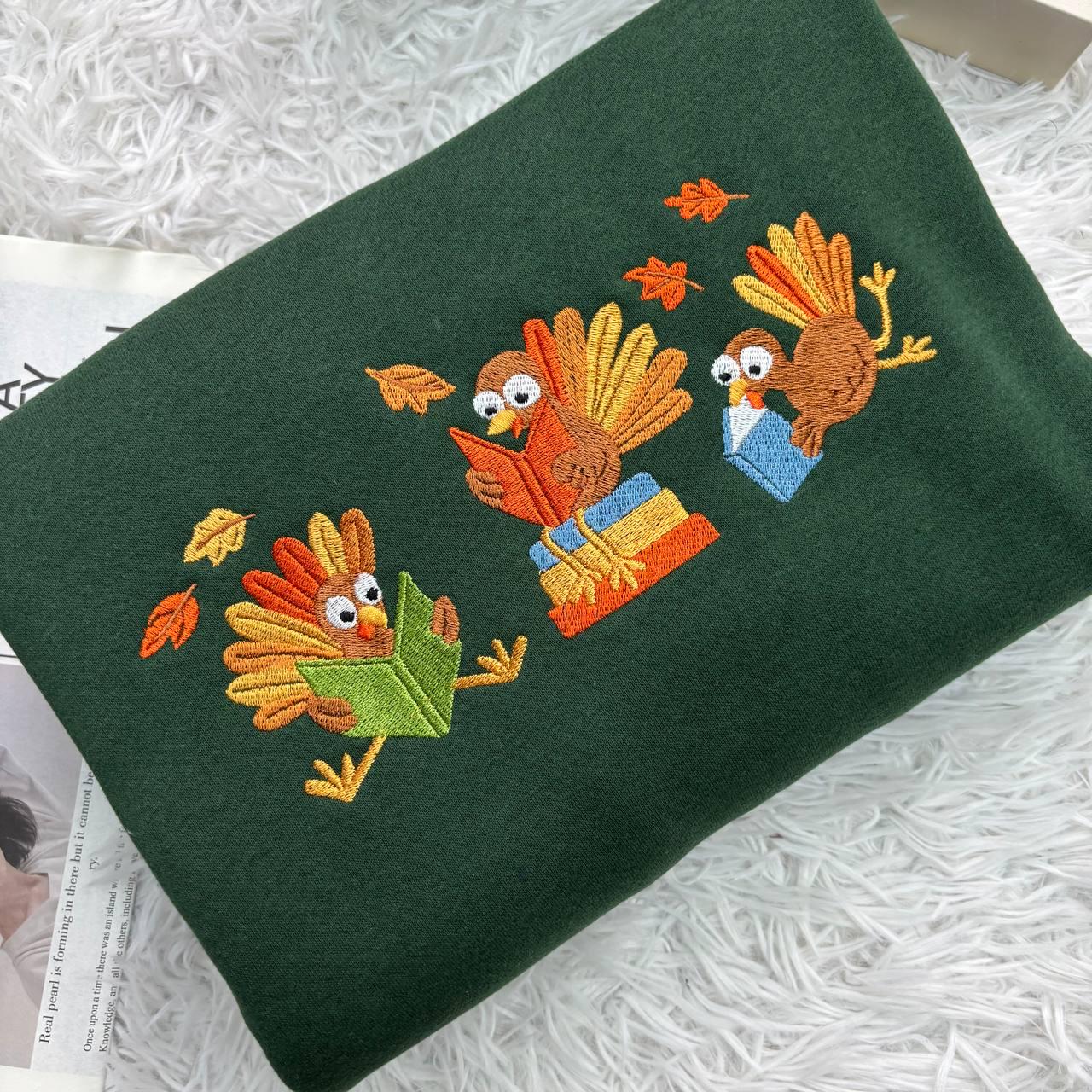 Embroidered Librarian Turkey Thanksgiving Shirt, Fall Books Tee