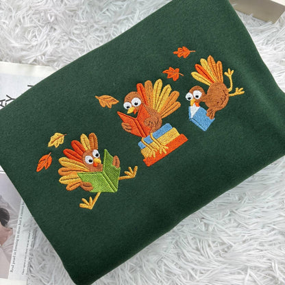 Embroidered Librarian Turkey Thanksgiving Shirt, Fall Books Tee