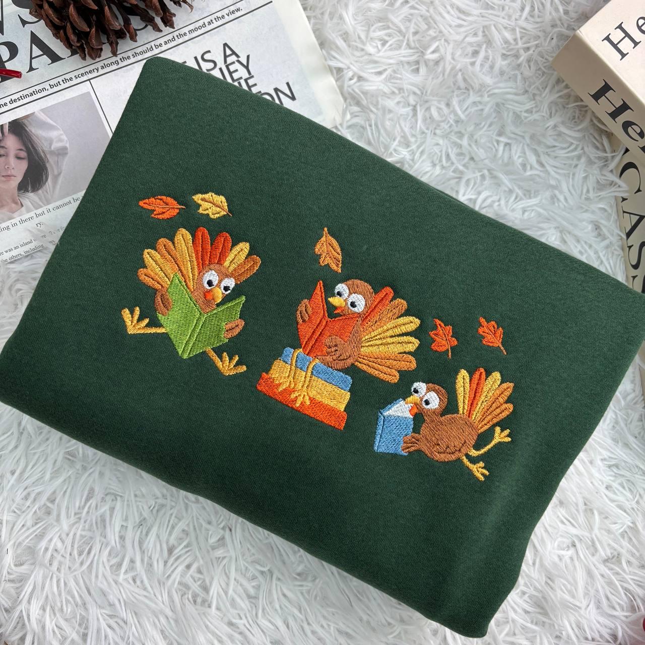 Embroidered Librarian Turkey Thanksgiving Shirt, Fall Books Tee