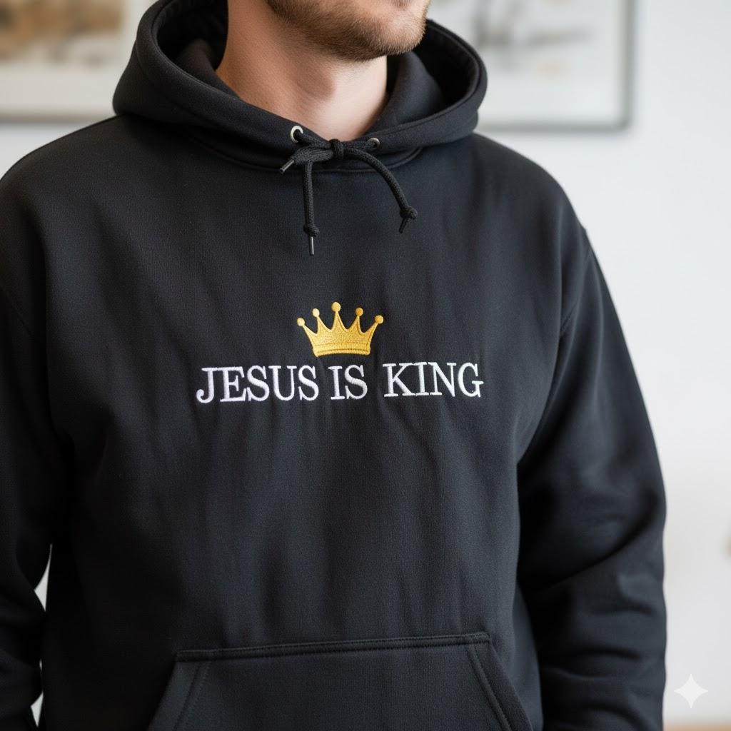Jesus Is King Embroidered Christian Hoodie | Faith-Based Streetwear | Church Merch Religious Gift