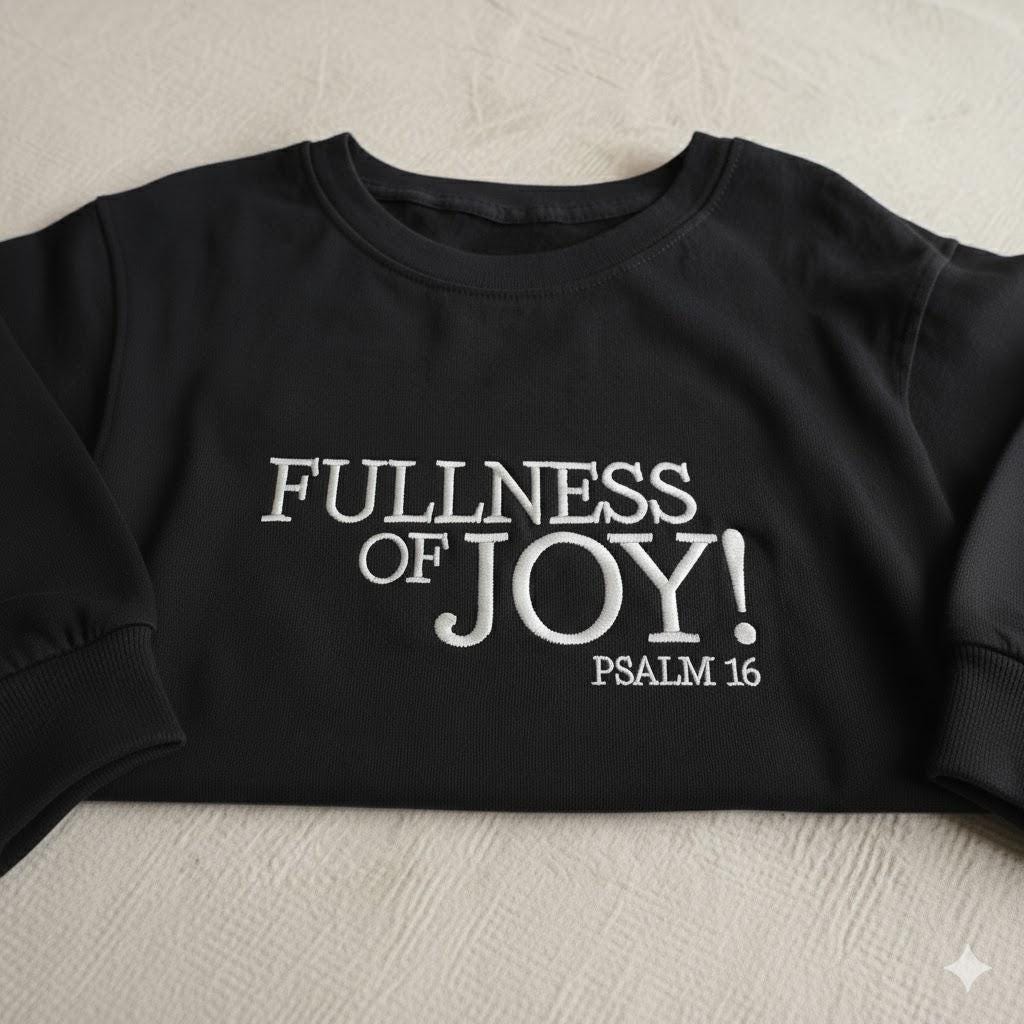 Fullness of Joy Embroidered Christian Sweatshirt | Bible Verse Crewneck | Faith-Based Gift Shirt