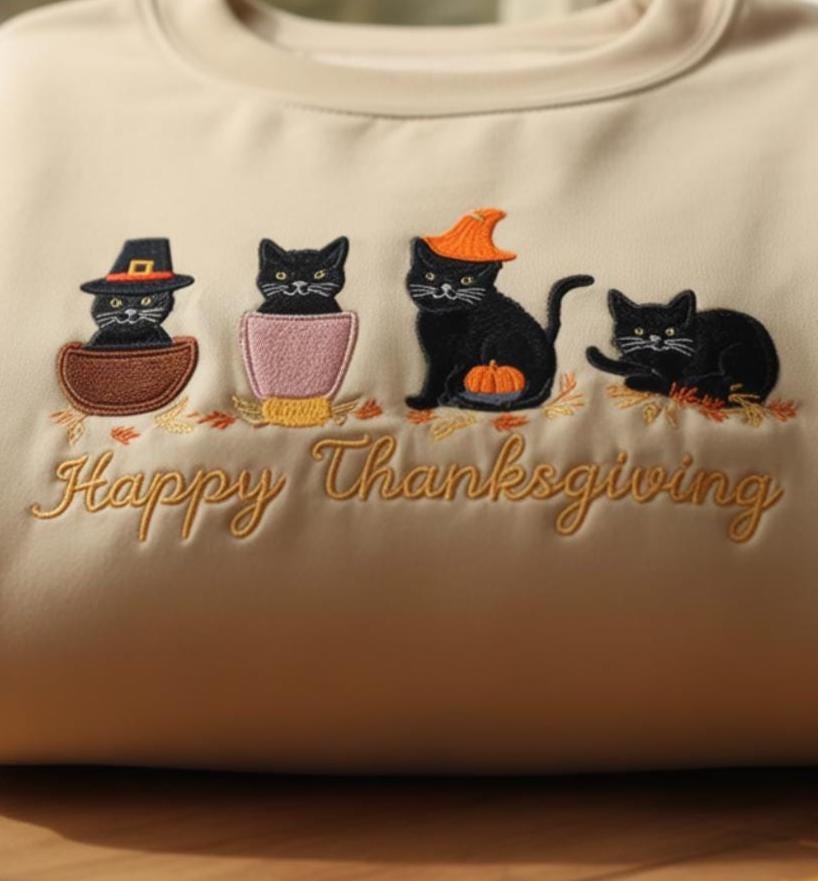 Embroidered Happy Thanksgiving Sweatshirt, Black Cat Embroidered Shirt, Pumpkin Season Shirt, Thanksgiving Fall Shirt, Thanksgiving Gift