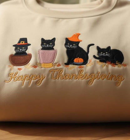 Embroidered Happy Thanksgiving Sweatshirt, Black Cat Embroidered Shirt, Pumpkin Season Shirt, Thanksgiving Fall Shirt, Thanksgiving Gift