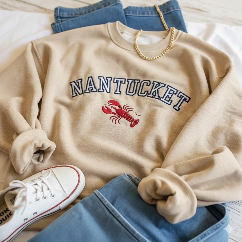 Nantucket Lobster Embroidered Sweatshirt | Coastal Cape Cod Crewneck | Preppy Beach Summer Vacation Gift Top