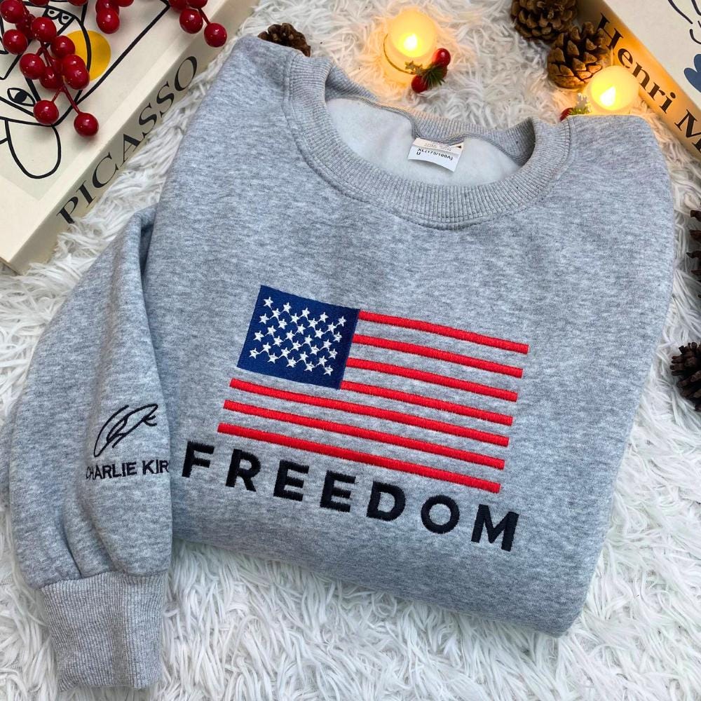 Freedom USA Embroidery Tee | Patriotic Embroidered Shirt | Charlie Kirk Inspired Turning Point Top | Free Speech USA Embroidered Apparel