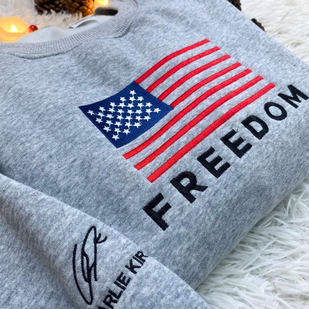 Freedom USA Embroidery Tee | Patriotic Embroidered Shirt | Charlie Kirk Inspired Turning Point Top | Free Speech USA Embroidered Apparel