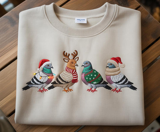 Christmas Pigeon Embroidered Shirt Funny Bird Christmas Ugly Xmas Sweater Style Top | Animal Lover Holiday Gift Winter Crewneck for Her