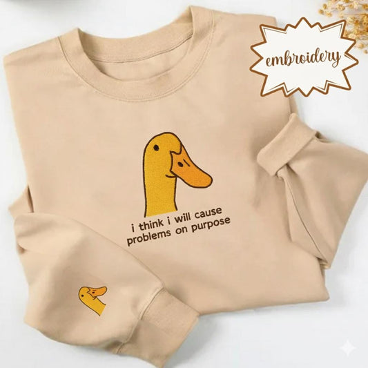 Funny Goose Embroidered Shirt, Sarcastic Duck Meme Embroidery Tee, Trending Funny Bird Embroidered Gift Top