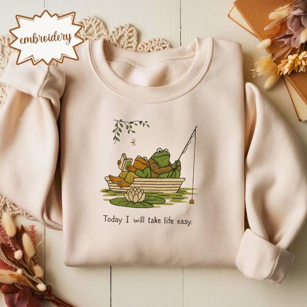 Frog and Toad Embroidered Shirt, Vintage Embroidery Tee, Take Life Easy Laid-back Embroidered Gift Top