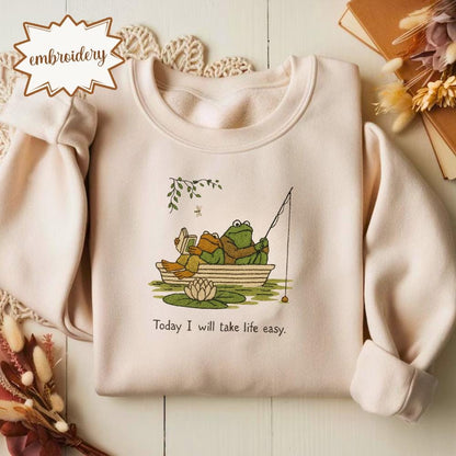 Frog and Toad Embroidered Shirt, Vintage Embroidery Tee, Take Life Easy Laid-back Embroidered Gift Top