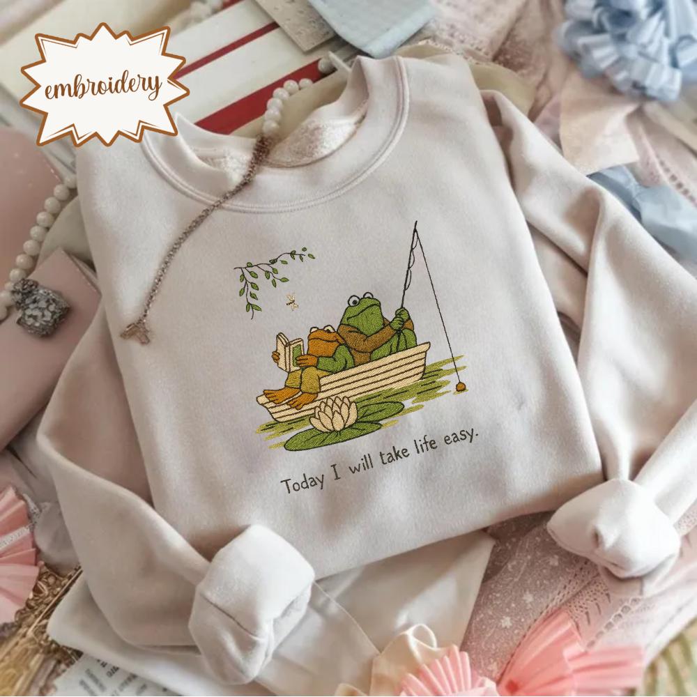 Frog and Toad Embroidered Shirt, Vintage Embroidery Tee, Take Life Easy Laid-back Embroidered Gift Top