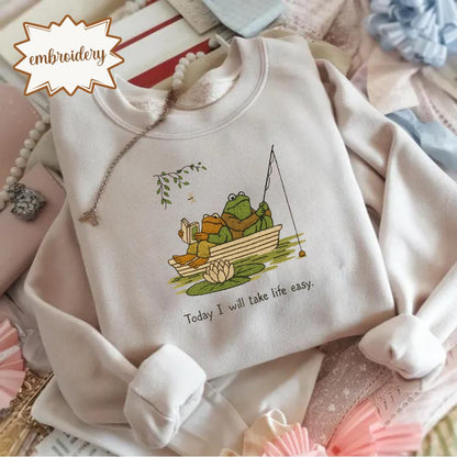 Frog and Toad Embroidered Shirt, Vintage Embroidery Tee, Take Life Easy Laid-back Embroidered Gift Top