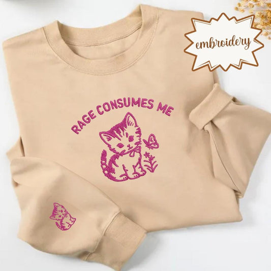 Vintage Kitten Embroidered Shirt, Rage Consumes Me Funny Embroidery Tee, Cute Meme Cat Embroidered Gift Top