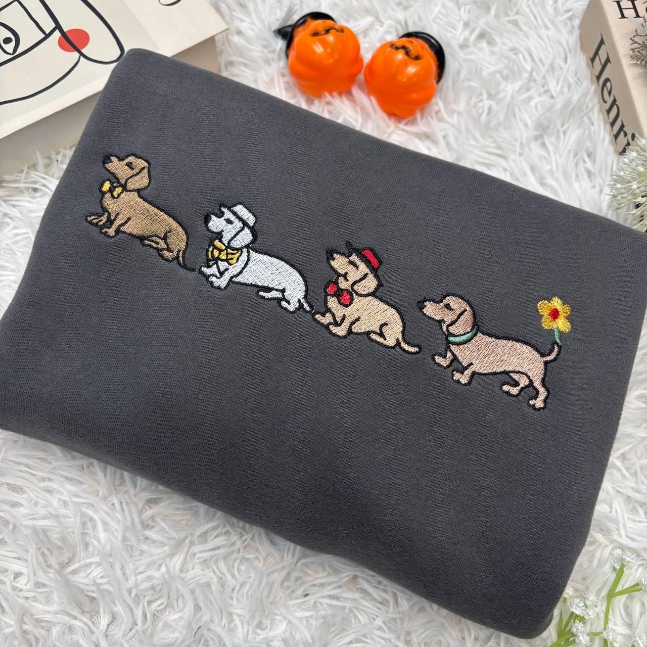 Embroidered Dachshund Shirt, Halloween Dachshund Shirt, Halloween Cute Dog Shirt, Cute Ghost Dogs Halloween Shirt, Wiener Dog Mom Fall Tee