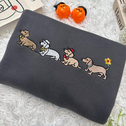 Embroidered Dachshund Shirt, Halloween Dachshund Shirt, Halloween Cute Dog Shirt, Cute Ghost Dogs Halloween Shirt, Wiener Dog Mom Fall Tee