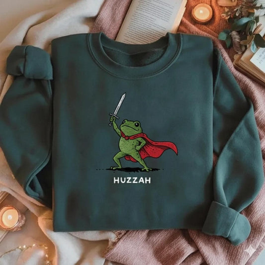 Huzzah Frog with Sword Embroidered Medieval Frog Sweatshirt, Funny Hoodie, Renaissance Faire Frog Embroidered Shirt, Huzzah Frog Meme Shirt