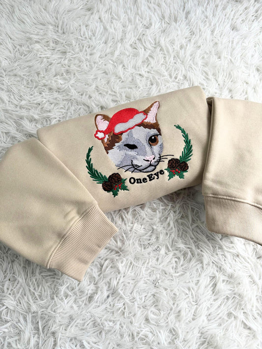 Custom Christmas Photo Pet Portrait Embroidered Sweatshirt, Custom Pet Hoodie, Personalized Pet Face and Pet name, Christmas Gift Cat Lover