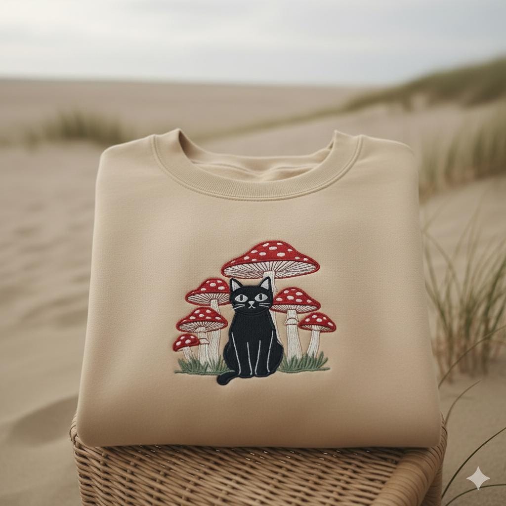 Mushroom Cat Embroidered Sweatshirt, Cute Autumn Crewneck, Cozy Fall Embroidery Gift for Cat Lovers
