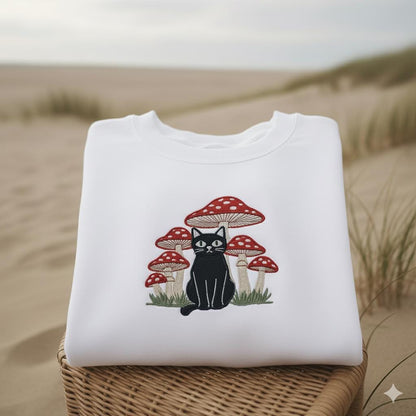Mushroom Cat Embroidered Sweatshirt, Cute Autumn Crewneck, Cozy Fall Embroidery Gift for Cat Lovers