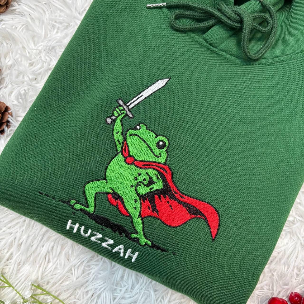 Embroidered Huzzah Frog with Sword Tee, Embroidered Medieval Frog Shirt, Funny DnD T-Shirt, Renaissance Faire Frog Gift, Frog Embroidered