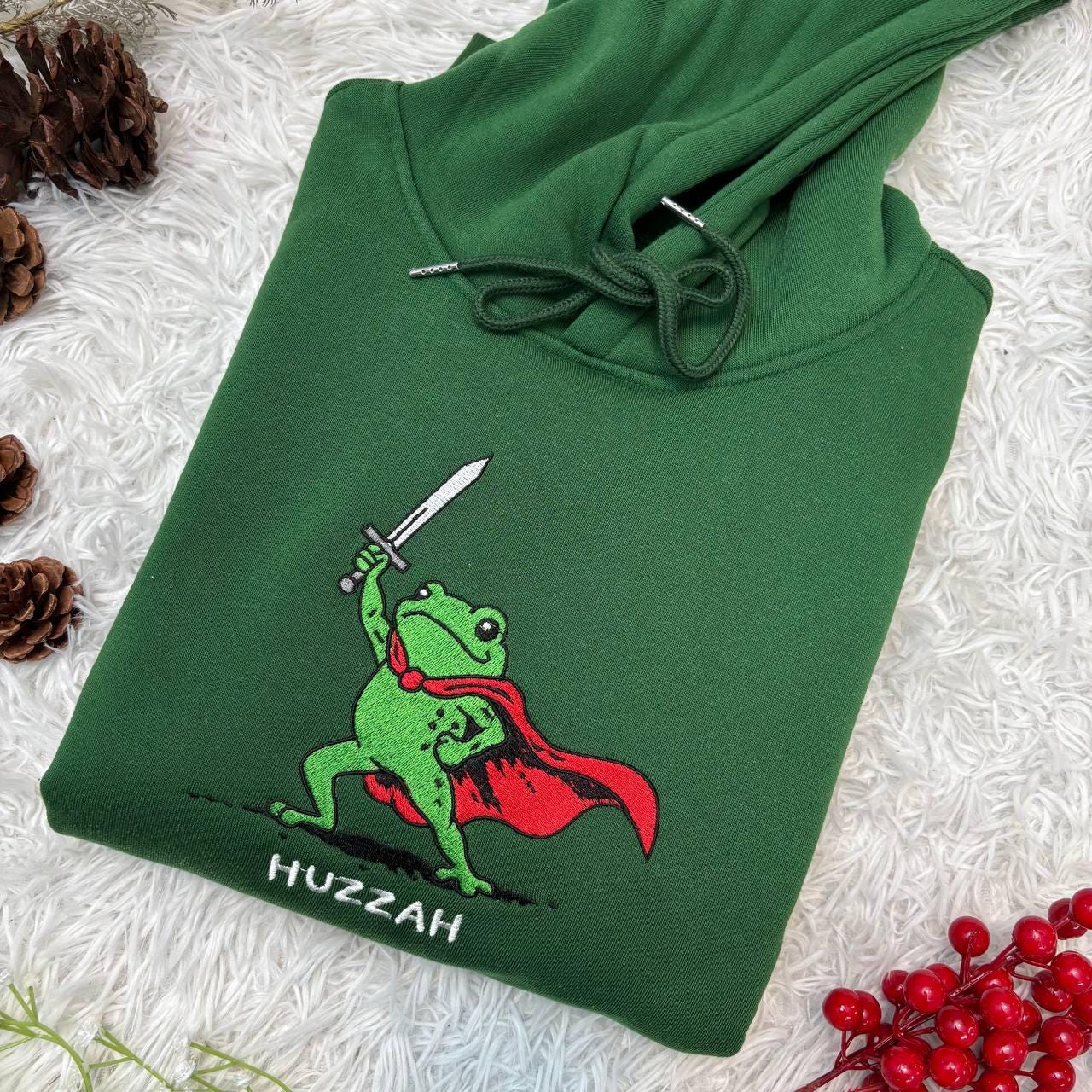 Embroidered Huzzah Frog with Sword Tee, Embroidered Medieval Frog Shirt, Funny DnD T-Shirt, Renaissance Faire Frog Gift, Frog Embroidered