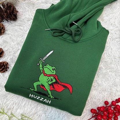 Embroidered Huzzah Frog with Sword Tee, Embroidered Medieval Frog Shirt, Funny DnD T-Shirt, Renaissance Faire Frog Gift, Frog Embroidered