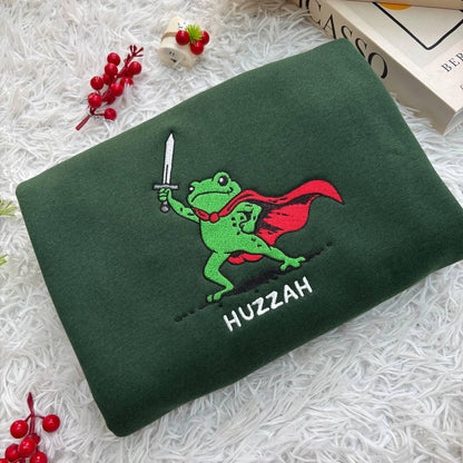 Embroidered Huzzah Frog with Sword Tee, Embroidered Medieval Frog Shirt, Funny DnD T-Shirt, Renaissance Faire Frog Gift, Frog Embroidered