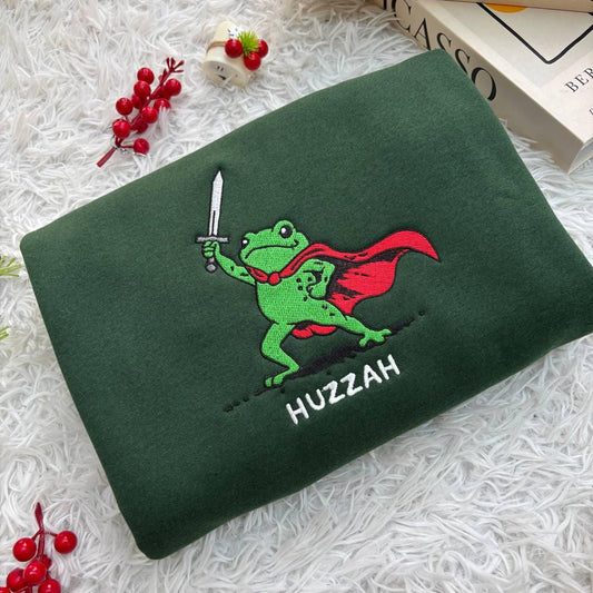 Embroidered Huzzah Frog with Sword Tee, Embroidered Medieval Frog Shirt, Funny DnD T-Shirt, Renaissance Faire Frog Gift, Frog Embroidered