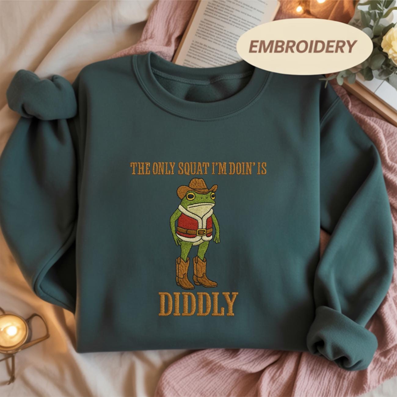 The Only Squat I'm Doin' Is Diddly Embroidered Shirt, Funny Cowboy Frog Shirt, Western Humor Gift, Lazy Gym Shirt, Diddly Squat Shirt