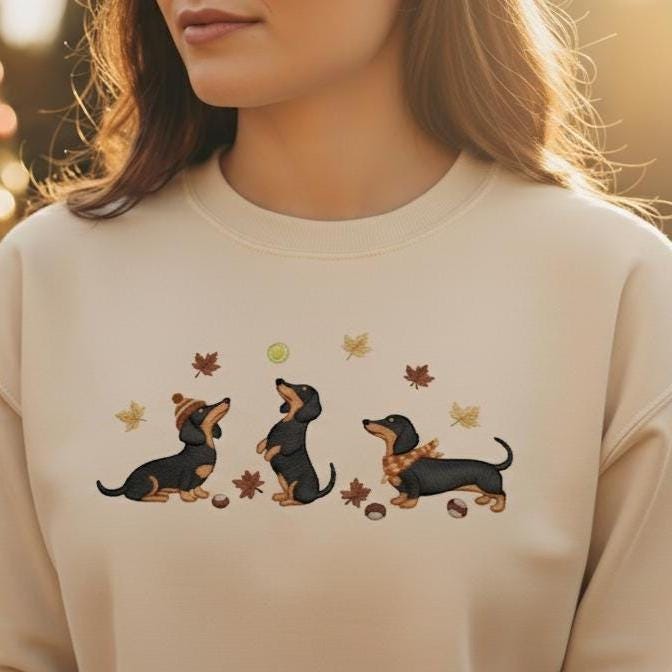 Dachshund Embroidered Sweatshirt | Fall Leaves Dog Lover Crewneck | Wiener Dog Autumn Embroidery Gift Top