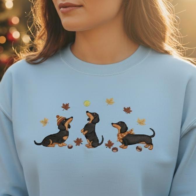 Dachshund Embroidered Sweatshirt | Fall Leaves Dog Lover Crewneck | Wiener Dog Autumn Embroidery Gift Top