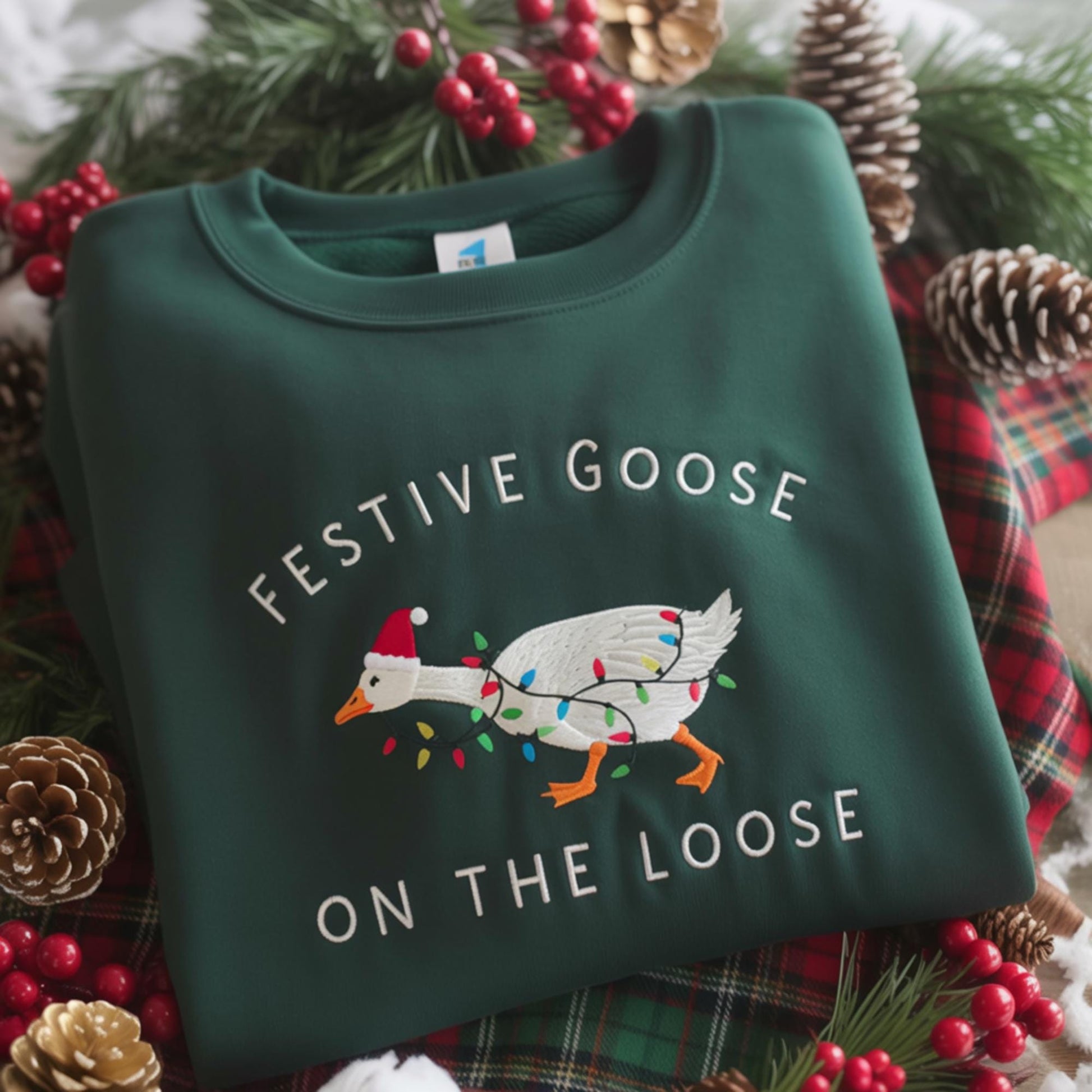 Festive Goose On The Loose Sweatshirt, Funny Christmas Goose Shirt, Embroidered Holiday Crewneck, Ugly Sweater Party Top