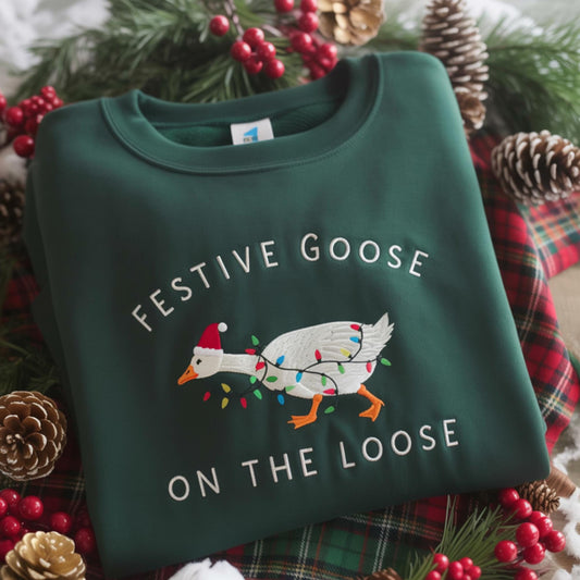 Festive Goose On The Loose Sweatshirt, Funny Christmas Goose Shirt, Embroidered Holiday Crewneck, Ugly Sweater Party Top