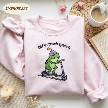 Embroidered SLP Shirt: Frog Scooter, Speech Therapist Gift