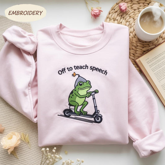 Embroidered SLP Shirt: Frog Scooter, Speech Therapist Gift