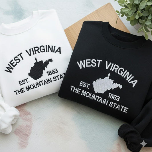 West Virginia Embroidered Crewneck Sweatshirt | State Flower Rhododendron Design | Cozy Vintage State Pride Pullover | Mountain Lover Gift
