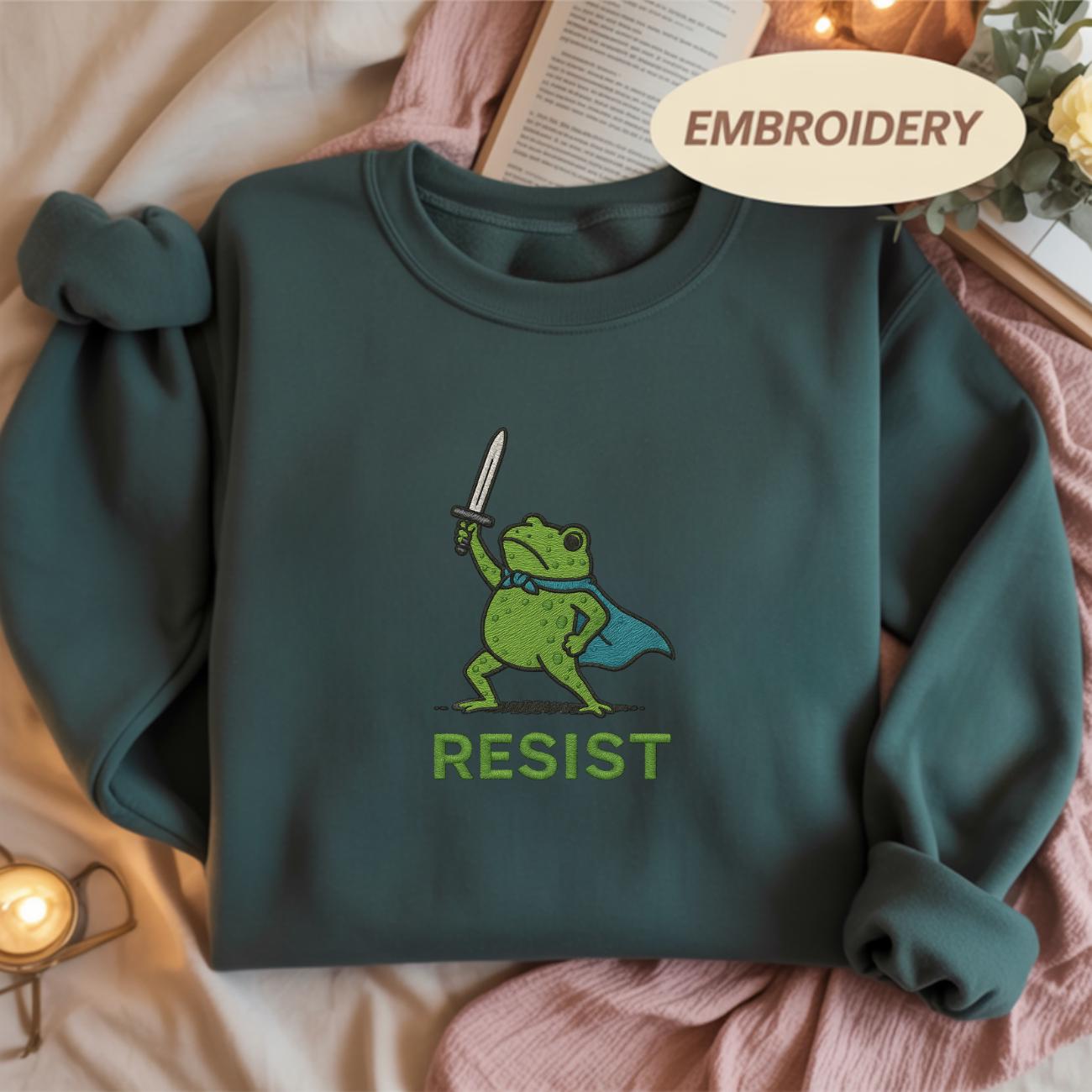 Resist Frog with Sword Embroidered Medieval Frog Sweatshirt, Portland Frog Protest Shirt, Anti ICE Shirt, Resist Frog Meme Shirt,Anti Trump
