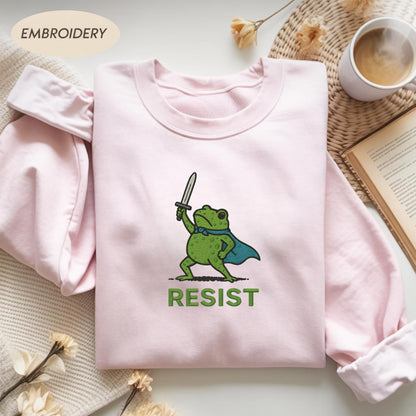 Resist Frog with Sword Embroidered Medieval Frog Sweatshirt, Portland Frog Protest Shirt, Anti ICE Shirt, Resist Frog Meme Shirt,Anti Trump