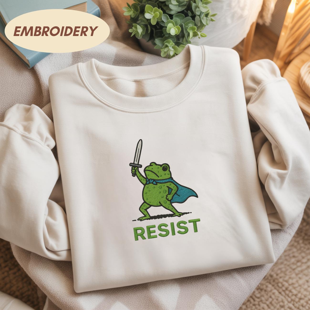 Resist Frog with Sword Embroidered Medieval Frog Sweatshirt, Portland Frog Protest Shirt, Anti ICE Shirt, Resist Frog Meme Shirt,Anti Trump