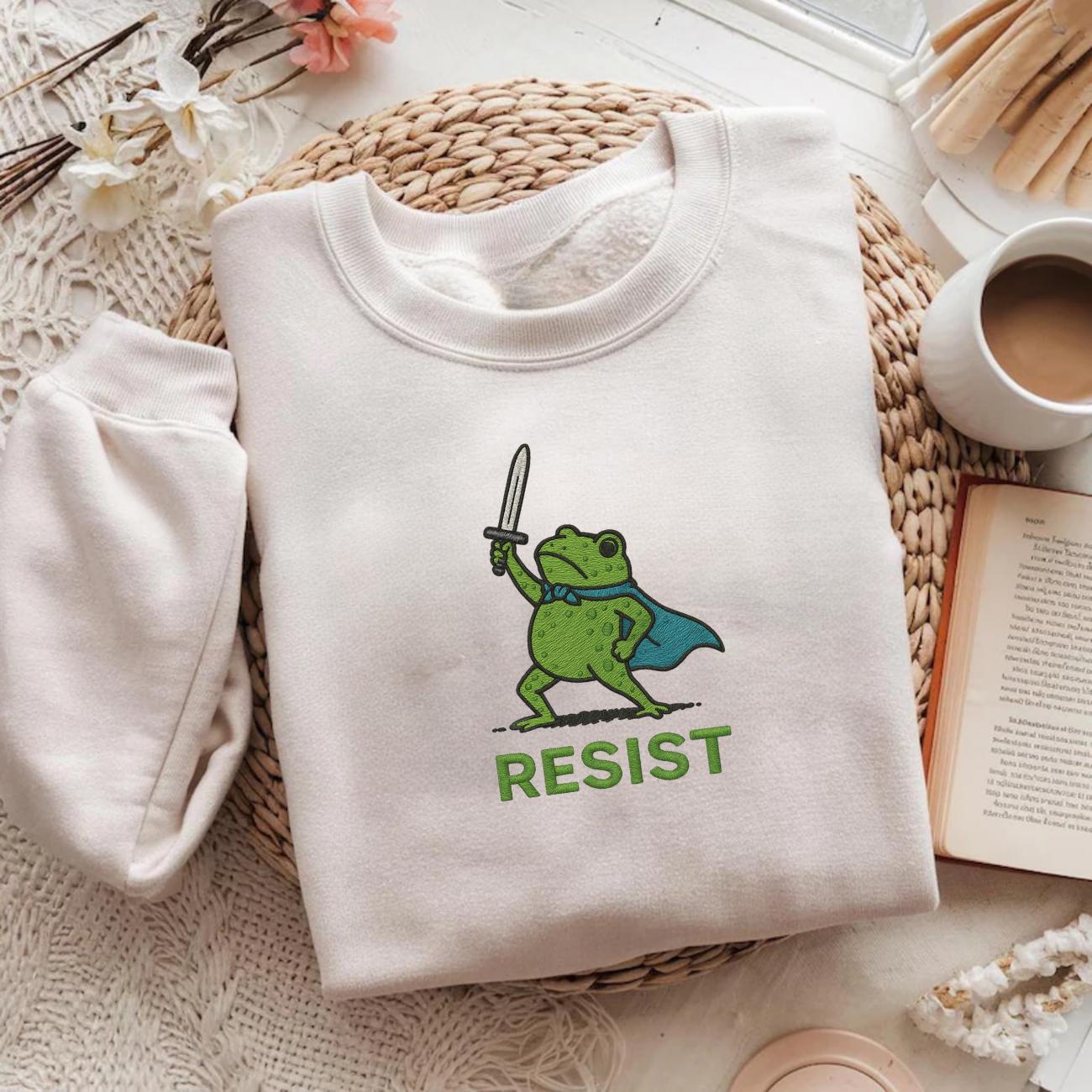Resist Frog with Sword Embroidered Medieval Frog Sweatshirt, Portland Frog Protest Shirt, Anti ICE Shirt, Resist Frog Meme Shirt,Anti Trump
