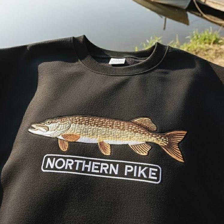 Northern Pike Embroidered Sweatshirt, Fishing Crewneck, Lake Fish Embroidery Gift for Fishermen