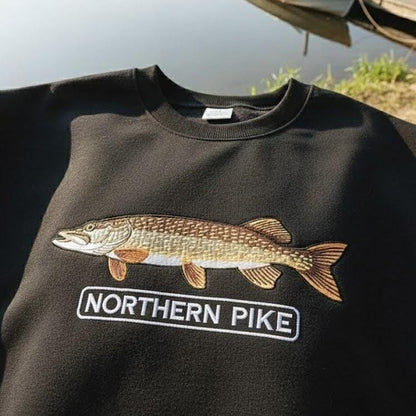 Northern Pike Embroidered Sweatshirt, Fishing Crewneck, Lake Fish Embroidery Gift for Fishermen
