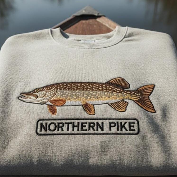 Northern Pike Embroidered Sweatshirt, Fishing Crewneck, Lake Fish Embroidery Gift for Fishermen