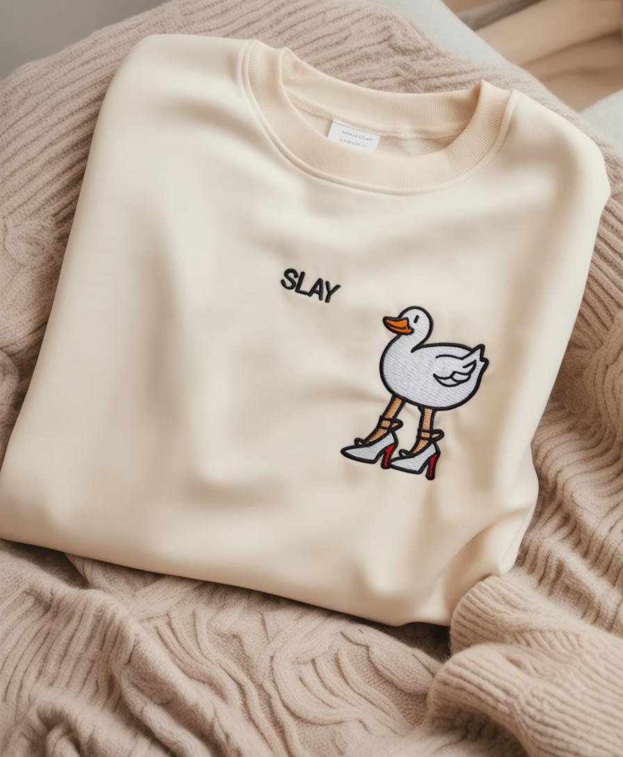 Embroidered Slay Duck Sweatshirt, Funny Monochromatic Shirt
